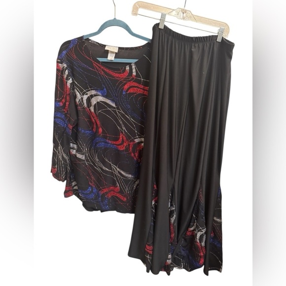 VINTAGE 2 PIECE SET PLUS SIZE KELLY LYNN Sparkly Black Red Blue Size 1X 4th July - Picture 1 of 16